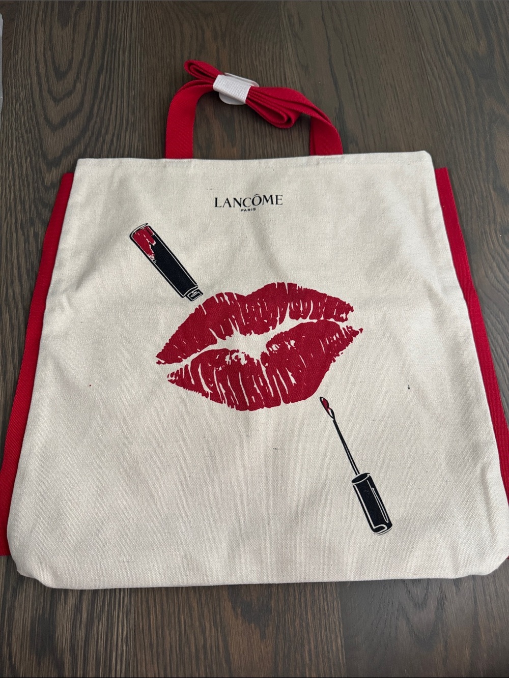 Canvas Tote Bag in Red and Cream with Lip Print
